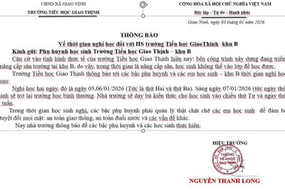 TRƯỜNG TIỂU HỌC GIAO THỊNH – THÔNG BÁO NGHỈ HỌC 2 NGÀY (05/01/2026, 06/01/2026) _KHU B